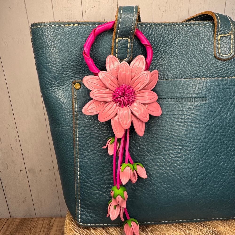 Genuine Leather Flower Purse Charm Pink Daisy Flower Leather Bag Charm FAST SHIP